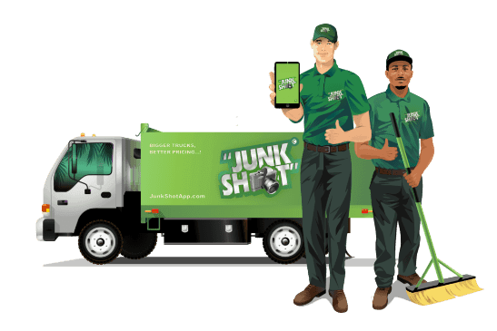 Junk Shot truck parked next to a traditional roll-off dumpster for comparison